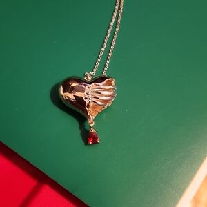 Silver/Gold Heart Pendant Necklace with Red Gemstone